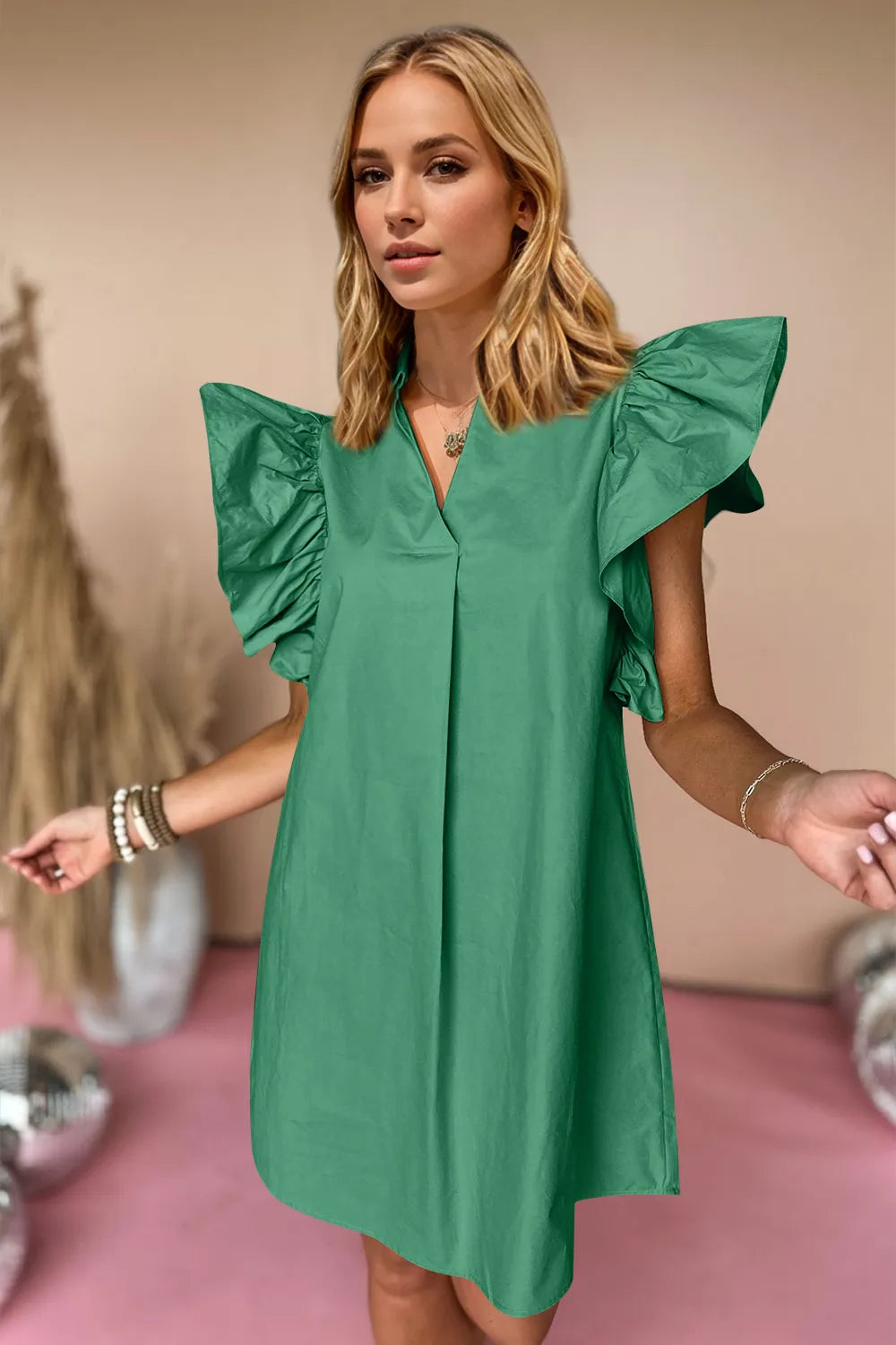 Oh Ruched Johnny Collar Cap Sleeve Mini Dress Green