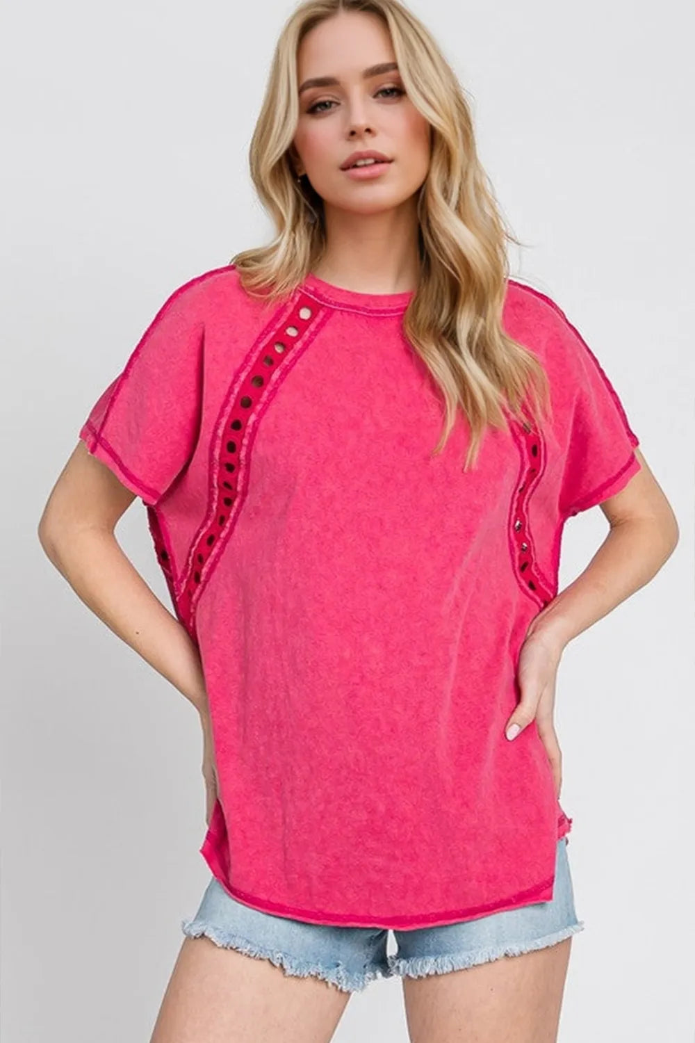 Double Take Full Size Cutout Round Neck Short Sleeve T-Shirt Hot Pink