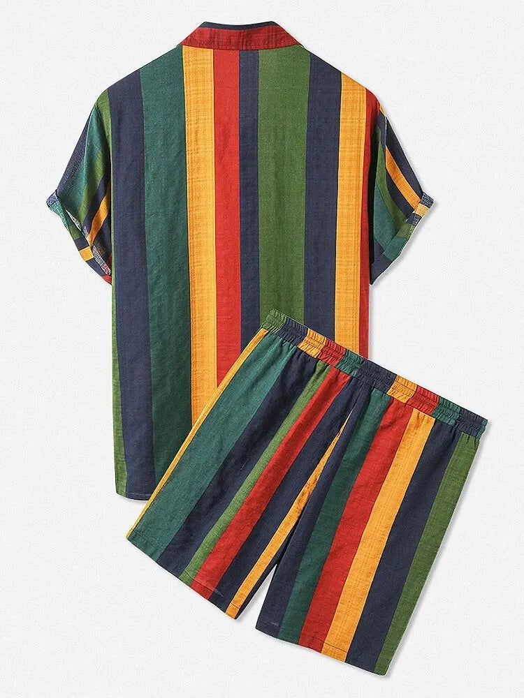 men's men's full size striped button up shirt and shorts set plus size - alternate angle