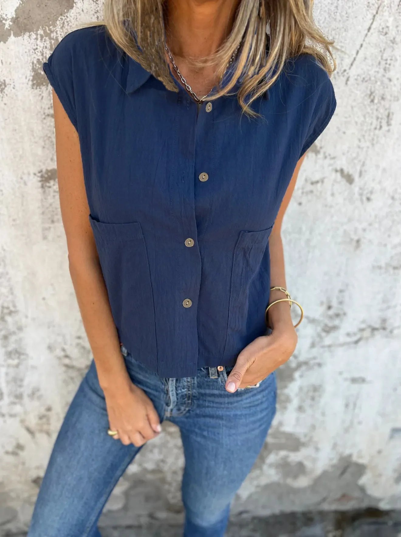 Full Size Button Down Cap Sleeve Linen Shirt Plus Size Navy Blue
