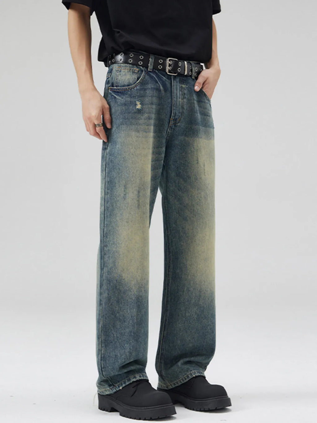 men's men's full size vintage wash wide leg jeans plus size - alternate angle
