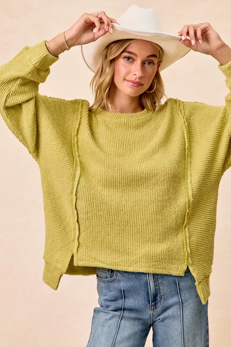 women's bibi boucle rib knit uneven hem sweater with open seam - product showcase