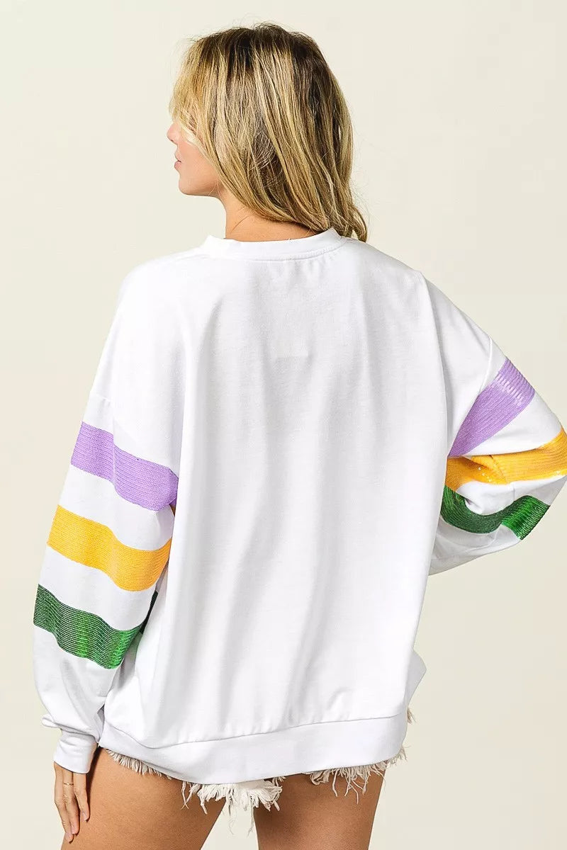 women's bibi sequin mardi gras striped round neck sweatshirt - styling option