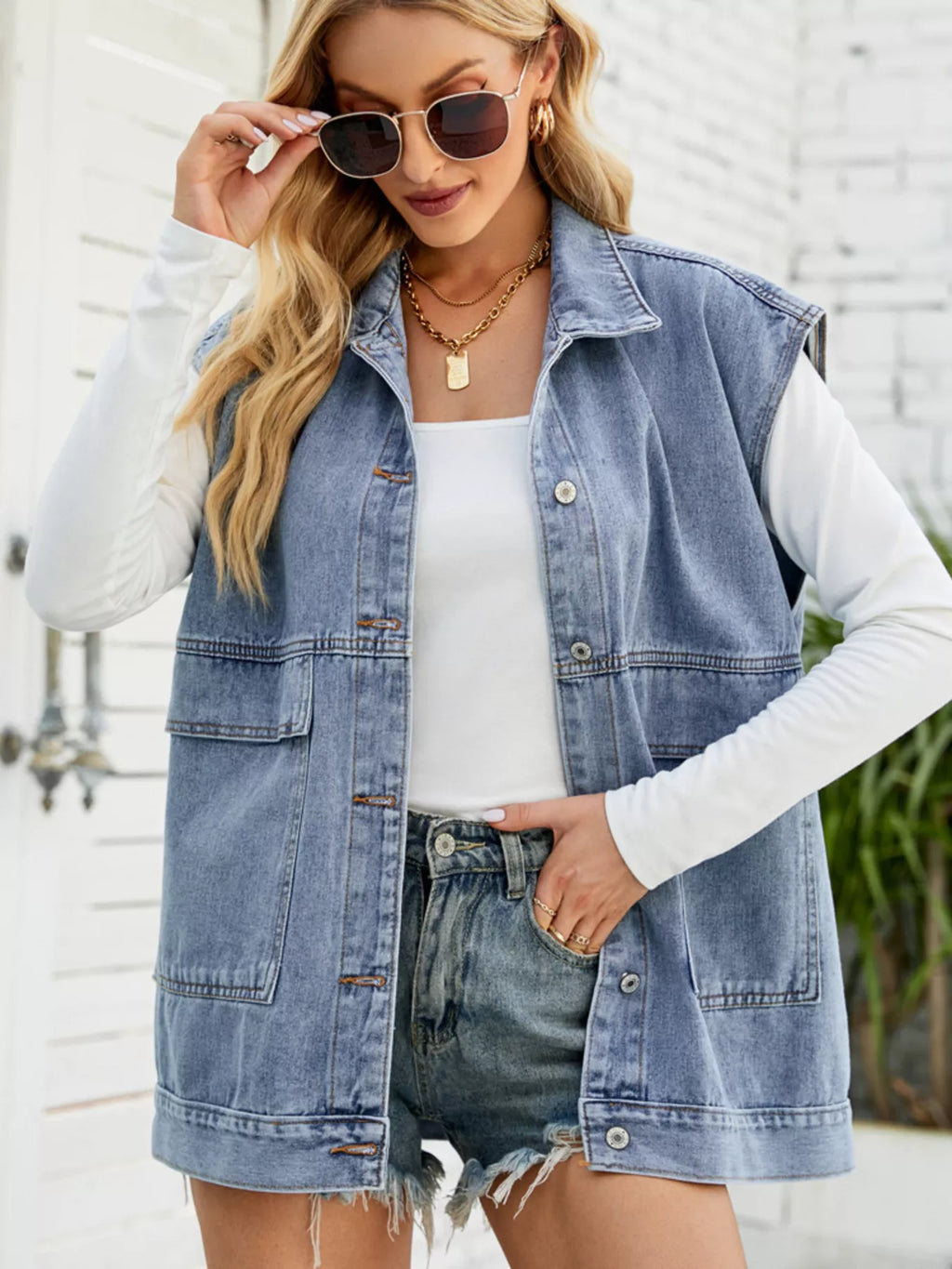 women's sleeveless button-down denim jacket - product showcase
