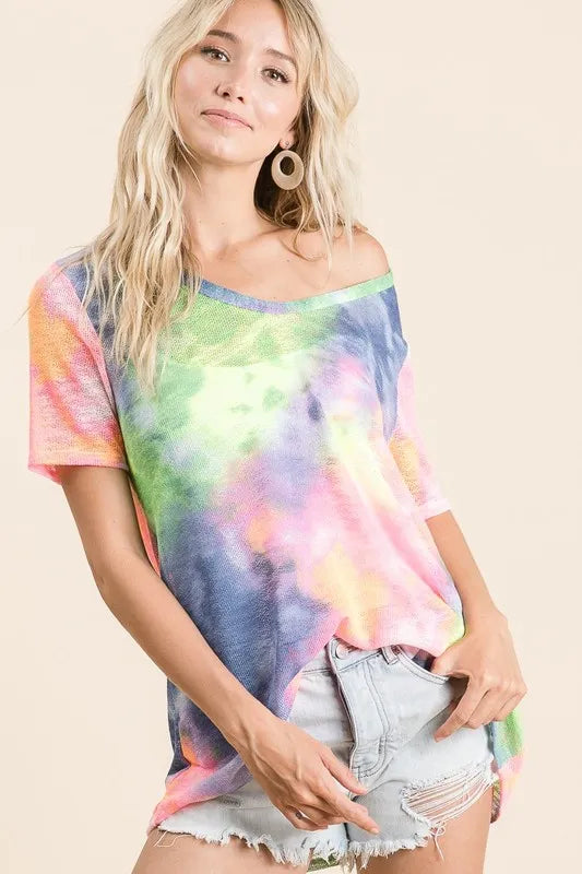 women's bibi tie dye print low gauge deep u neck top - additional image
