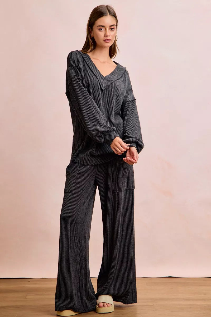 women's bibi two tone cord rib contrast stitching v-neck top and pants set - lifestyle shot