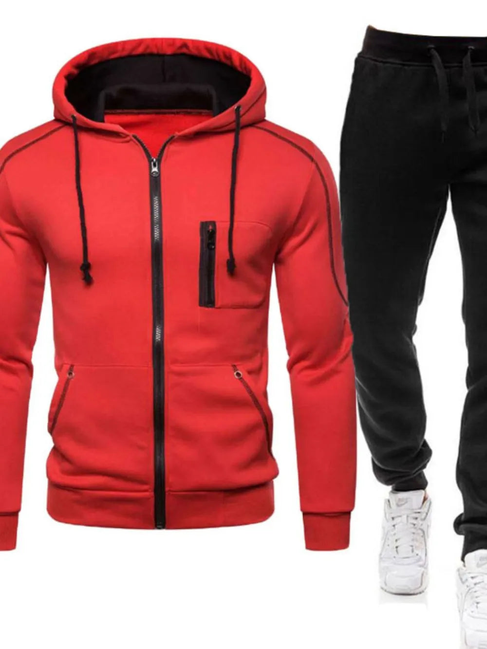 Men's Full Size Zip Up Long Sleeve Hoodie and Pants Set Plus Size Red