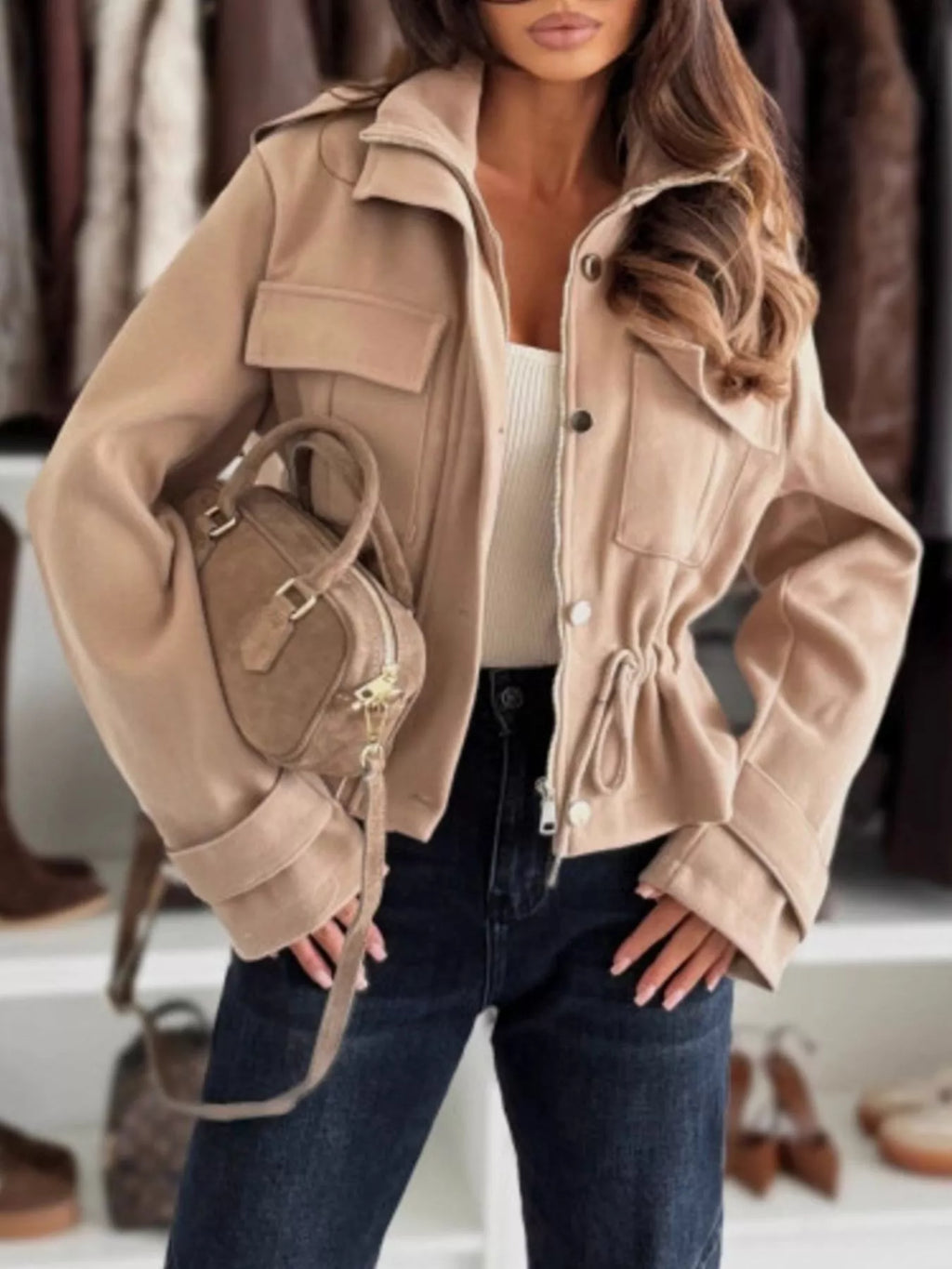 women's drawstring button-up casual jacket - main product image