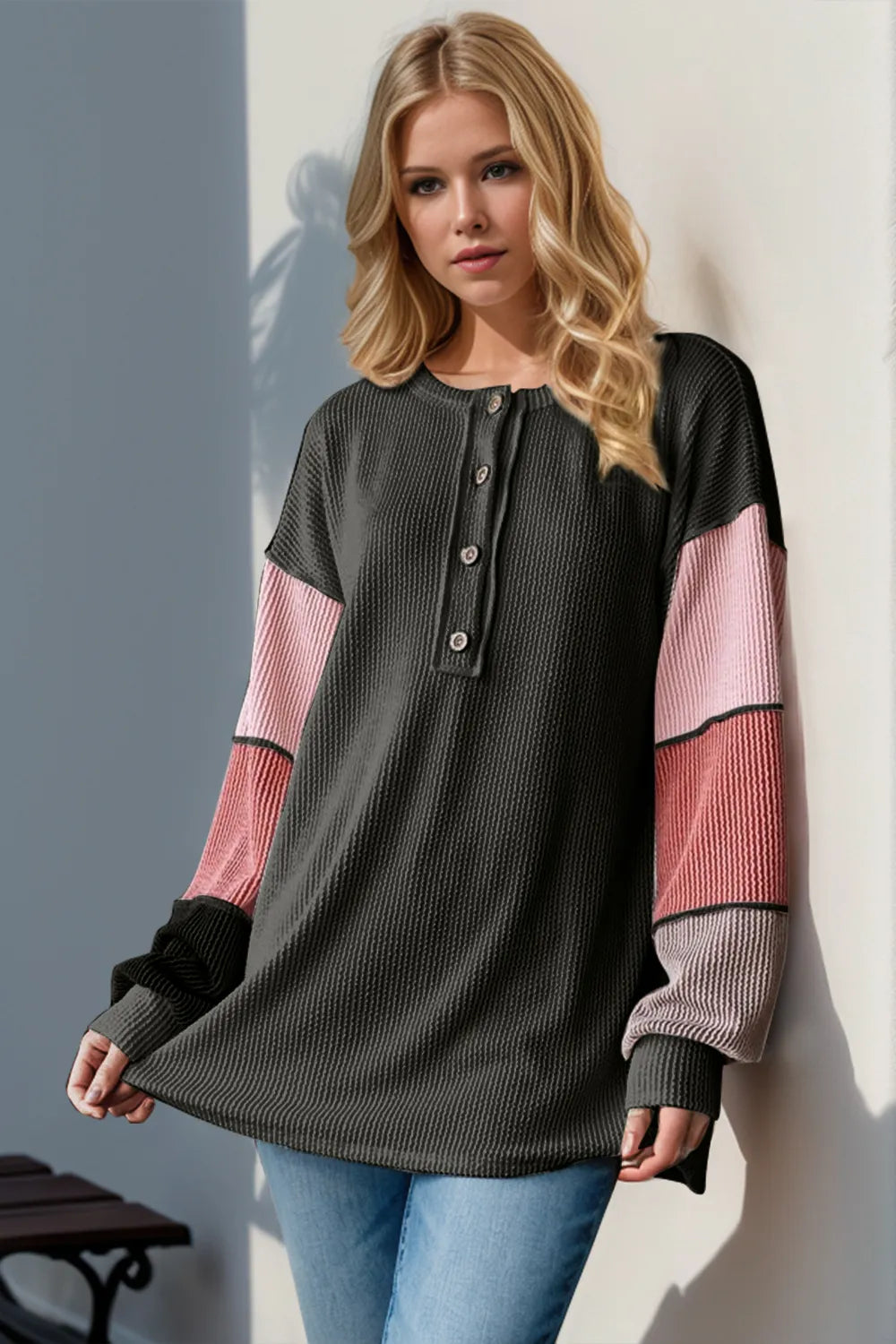 Double Take Full Size Color Block Round Neck Long Sleeve T-Shirt Black