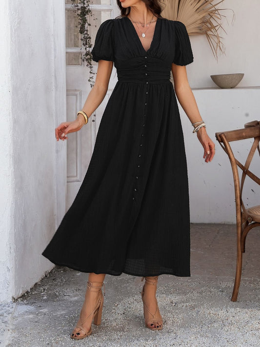 Devine V-Neck Puff Short Sleeve Midi Dress Black