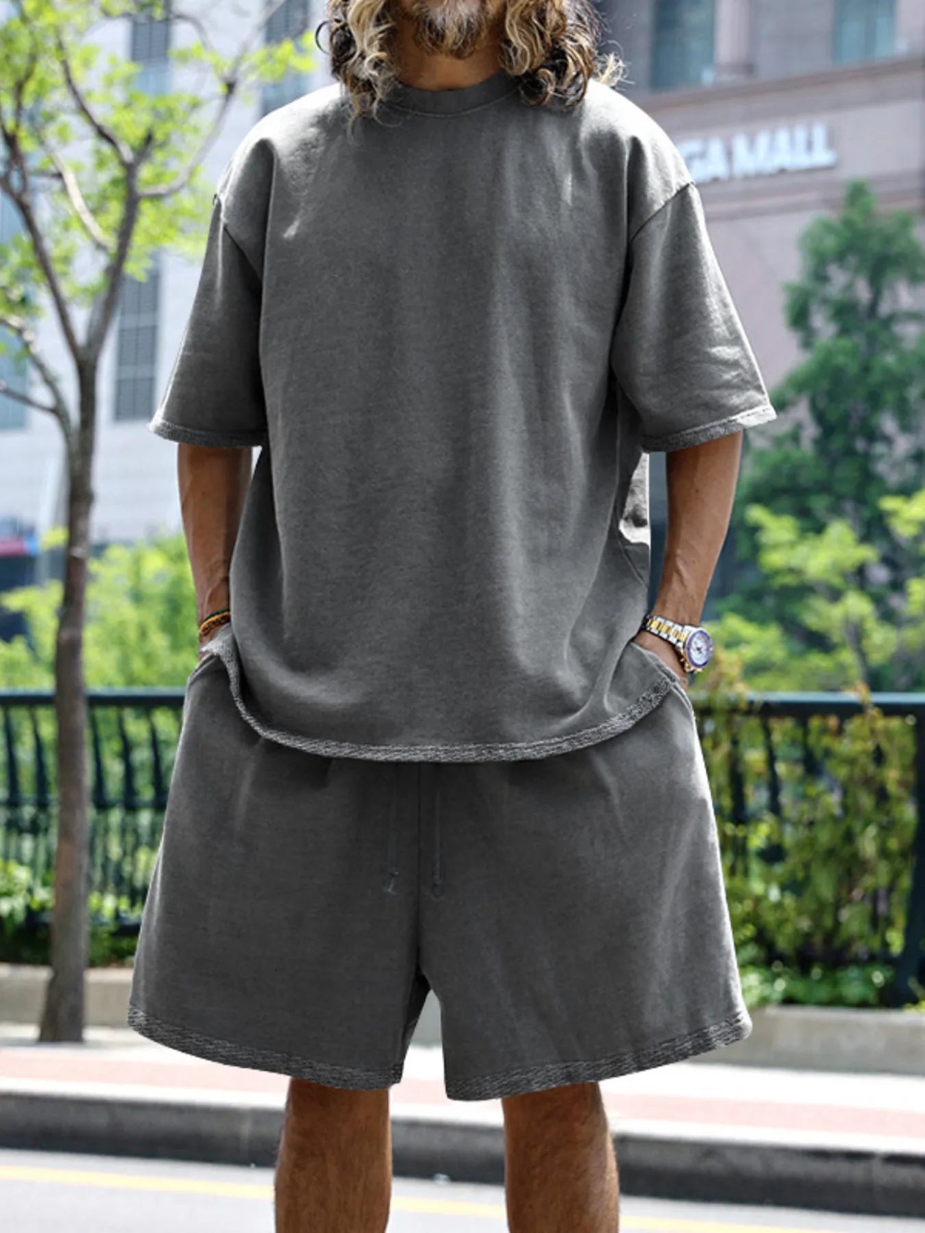 men's men's full size round neck short sleeve top and shorts set plus size - additional image