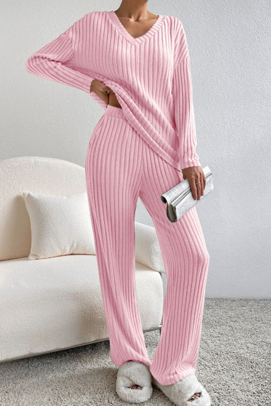 Ribbed V-Neck Top and Pants Lounge Set Blush Pink