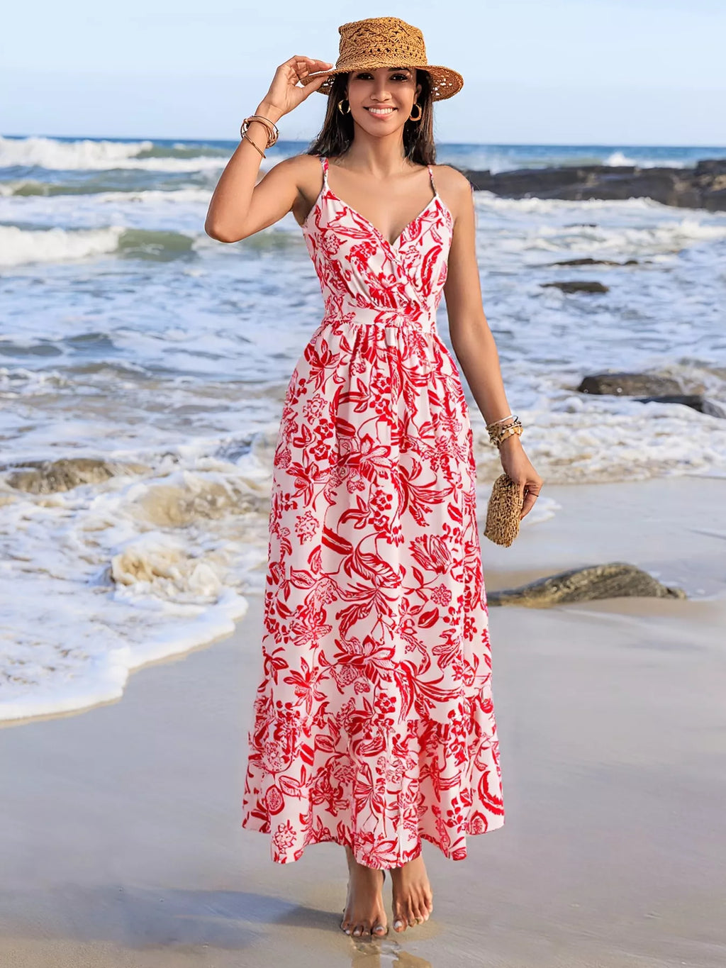 women's printed spaghetti strap midi dress - side view