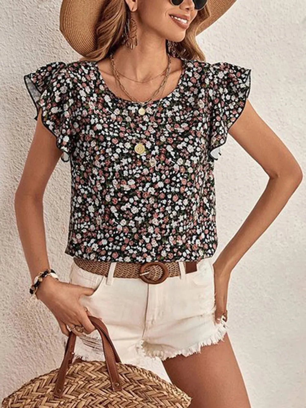 Ditsy Floral Round Neck Cap Sleeve Top Black