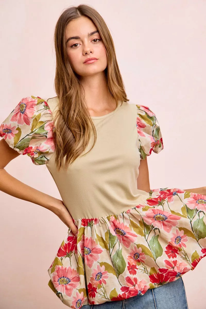 women's bibi floral printed bubble sleeves and hem peplum top - additional image