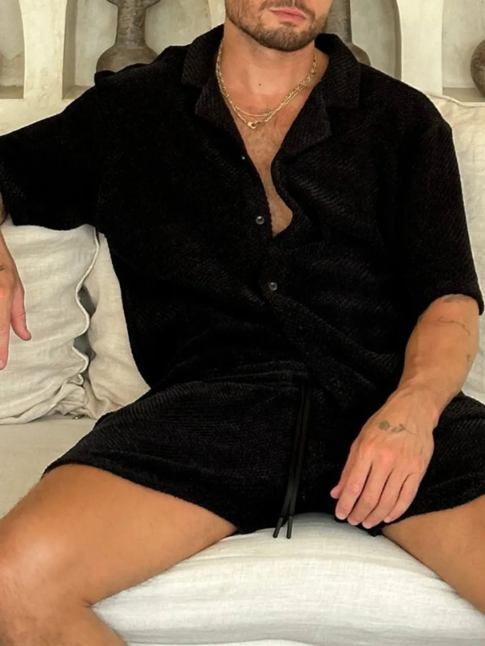 Men's Plus Size Button Down Half Sleeve Top and Shorts Set Black