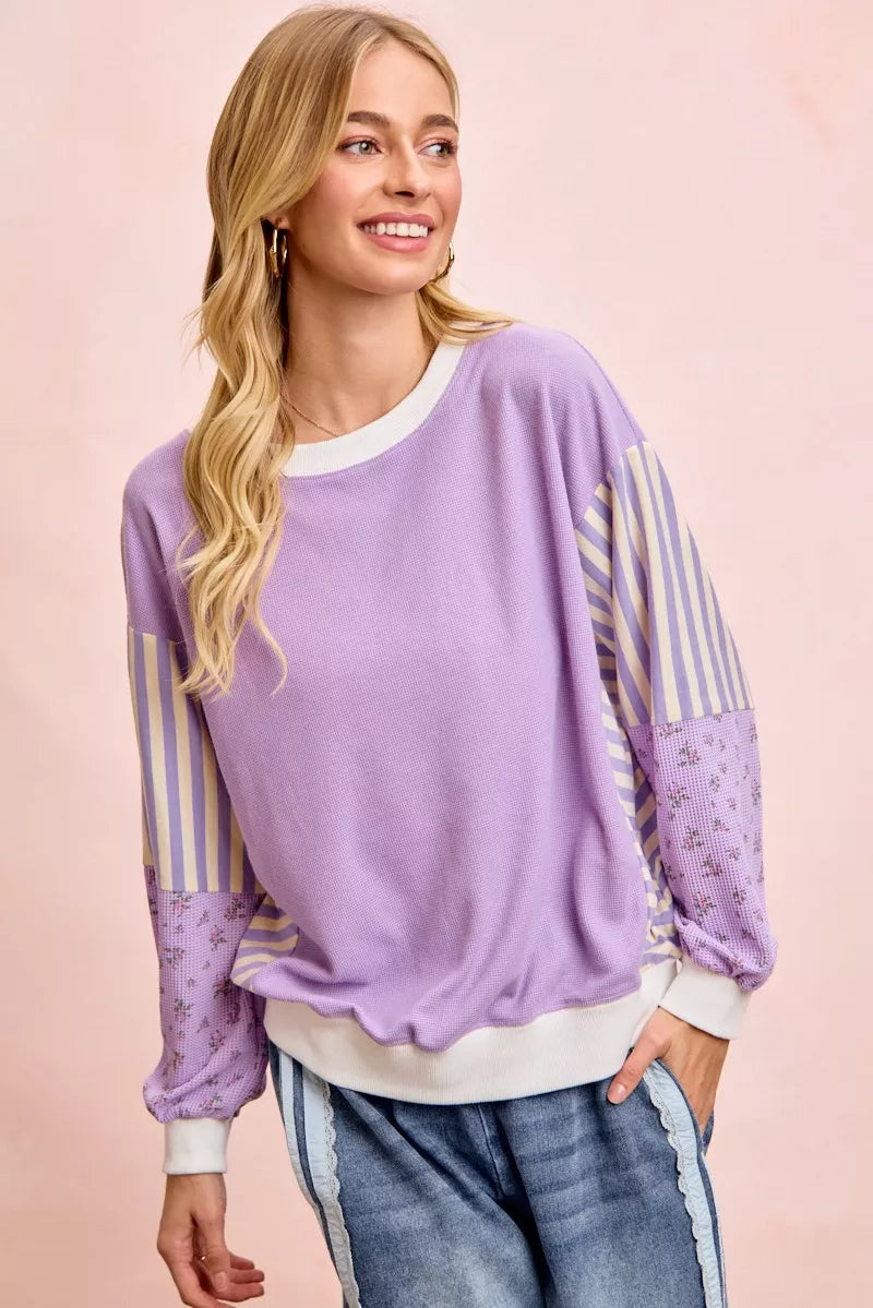 women's bibi mix and match sweatshirt with floral sleeve striped - additional image