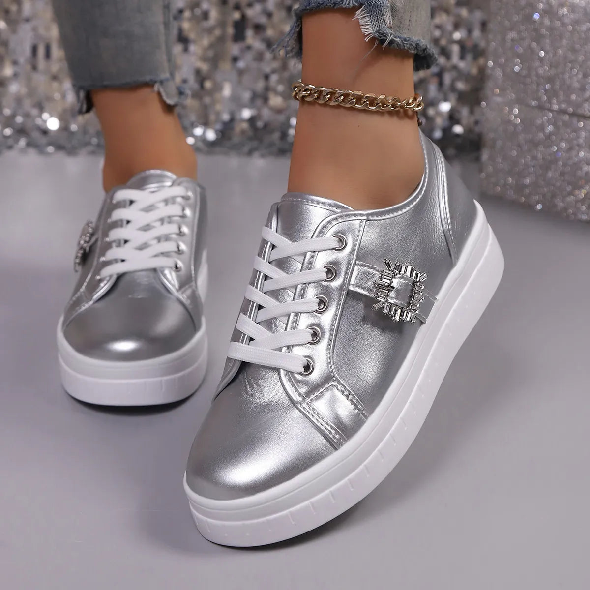 women's rhinestone embellishment platform sneakers - product detail