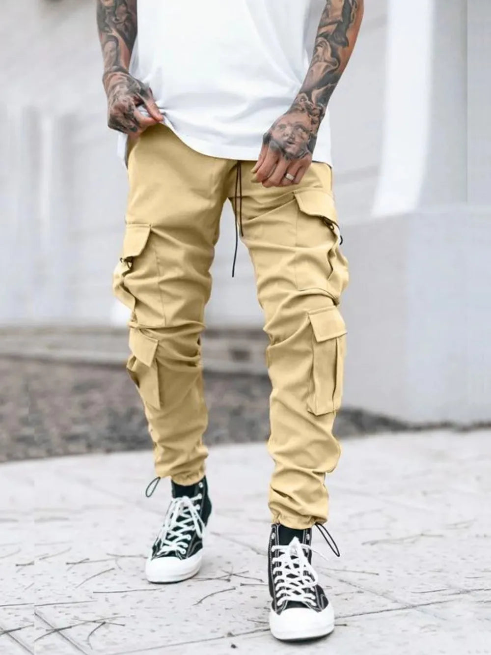 Men's Drawstring Pants with Cargo Pockets Tan