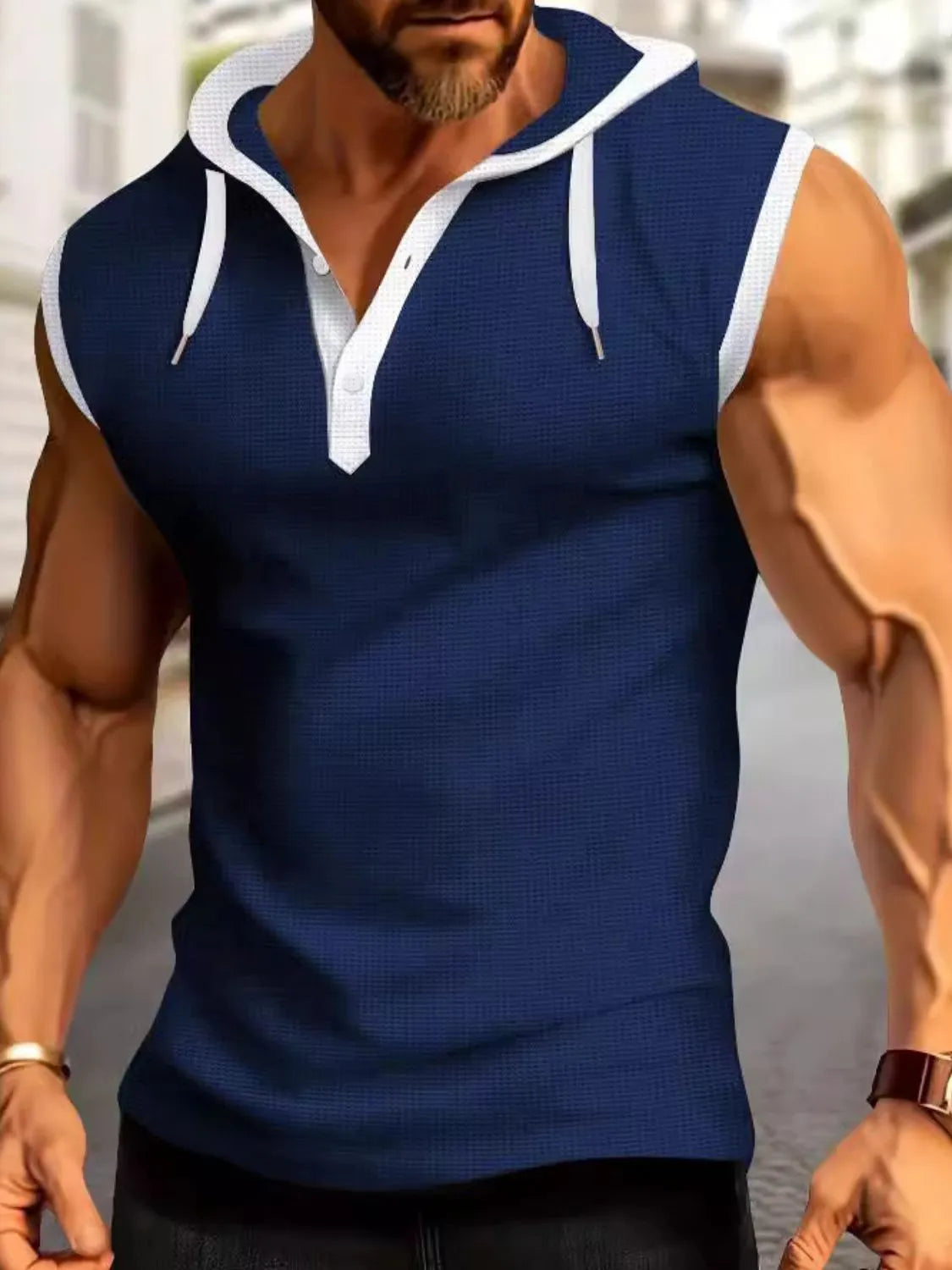 Men's Full Size Waffle-Knit Hooded Tank Plus Size Navy