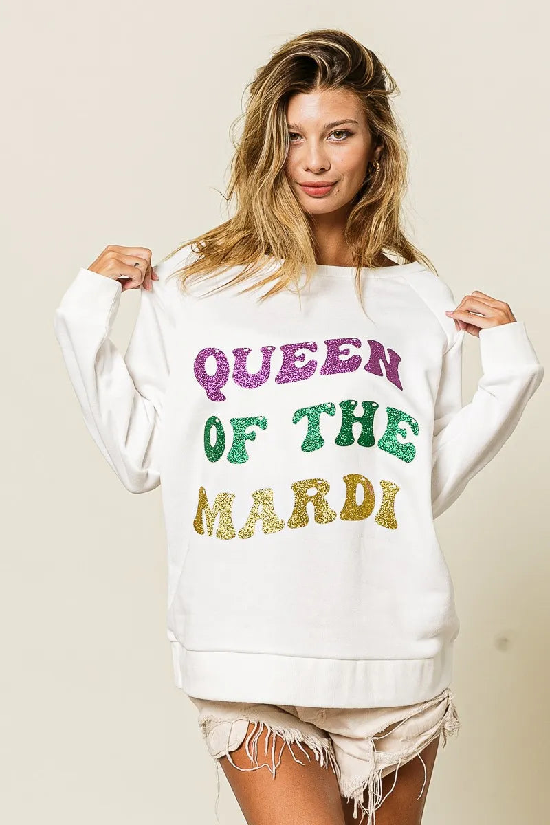 women's bibi queen of mardi glitter print mardi gras sweatshirt - product detail