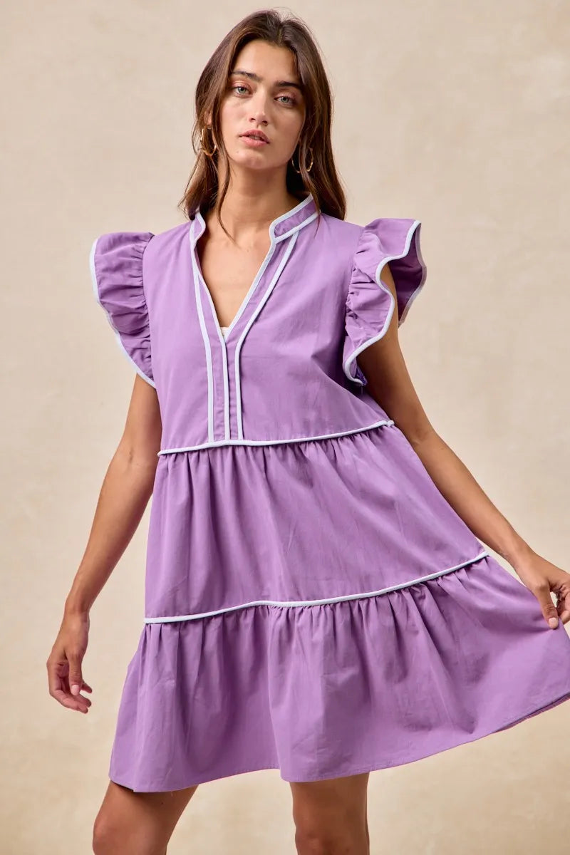 bibi gameday theme contrast binding ruffled dress shown as women’s outerwear