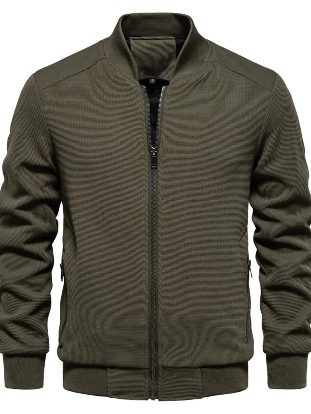 Men's Waffle Knit Baseball Collar Zip Up Jacket Army Green