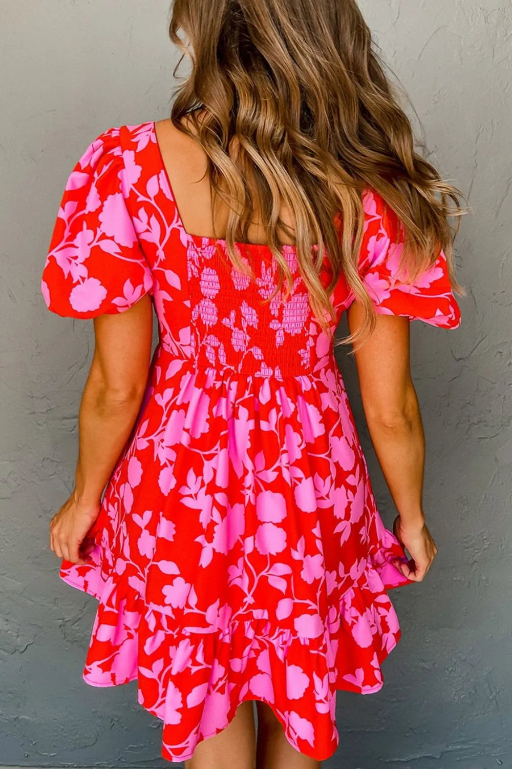 women's floral puff sleeve sweetheart neck ruffled mini dress - back view