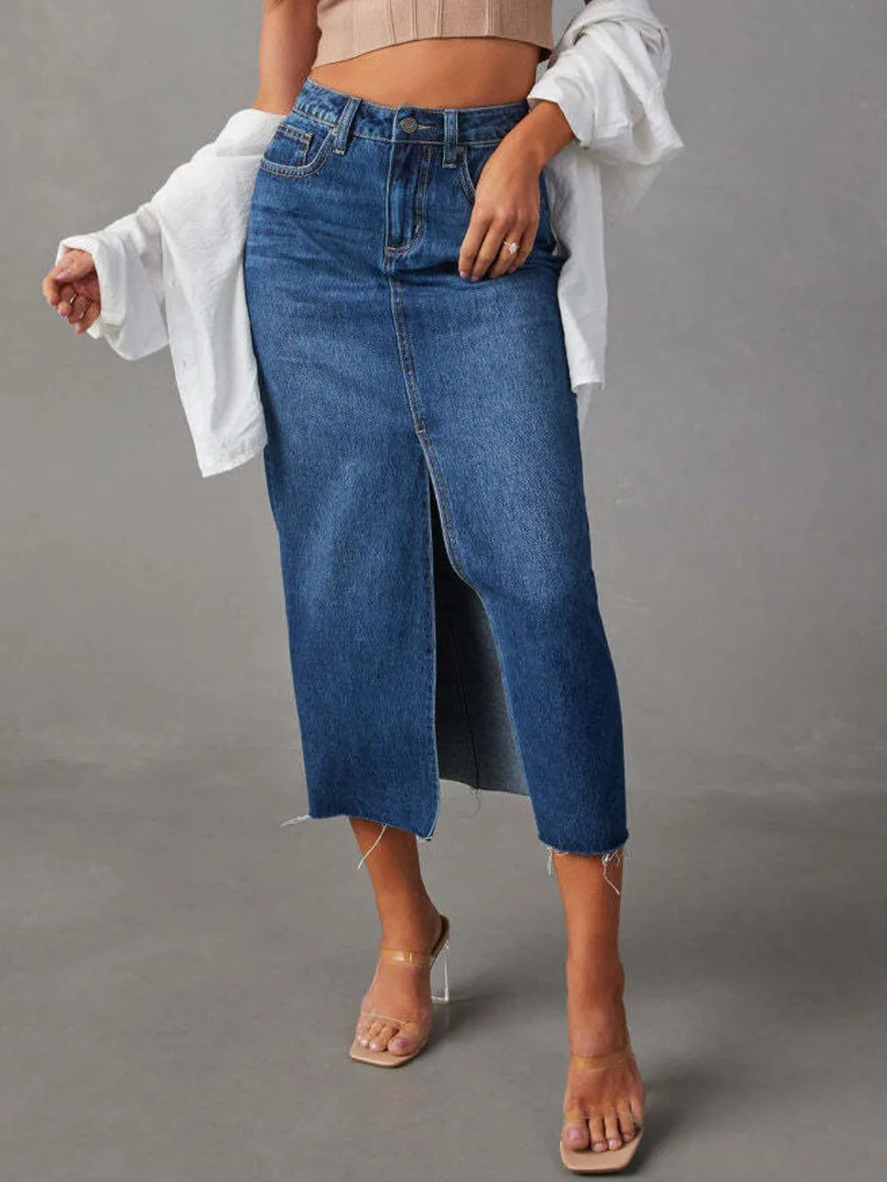 Raw Hem Front Slit Denim Midi Skirt Medium