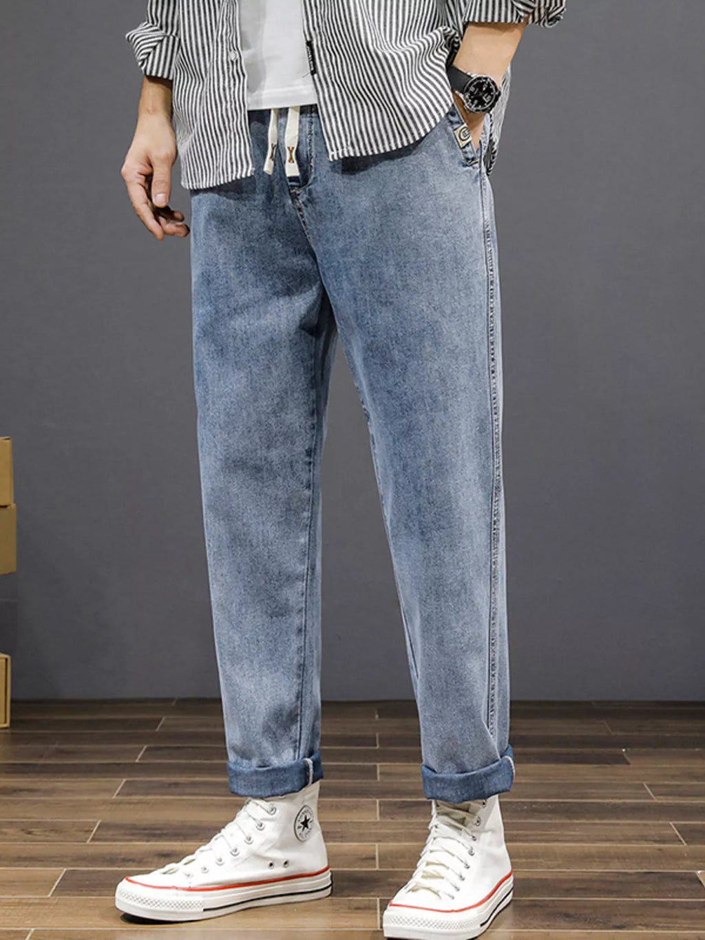 men's men's plus size casual loose fit wash jeans - front view