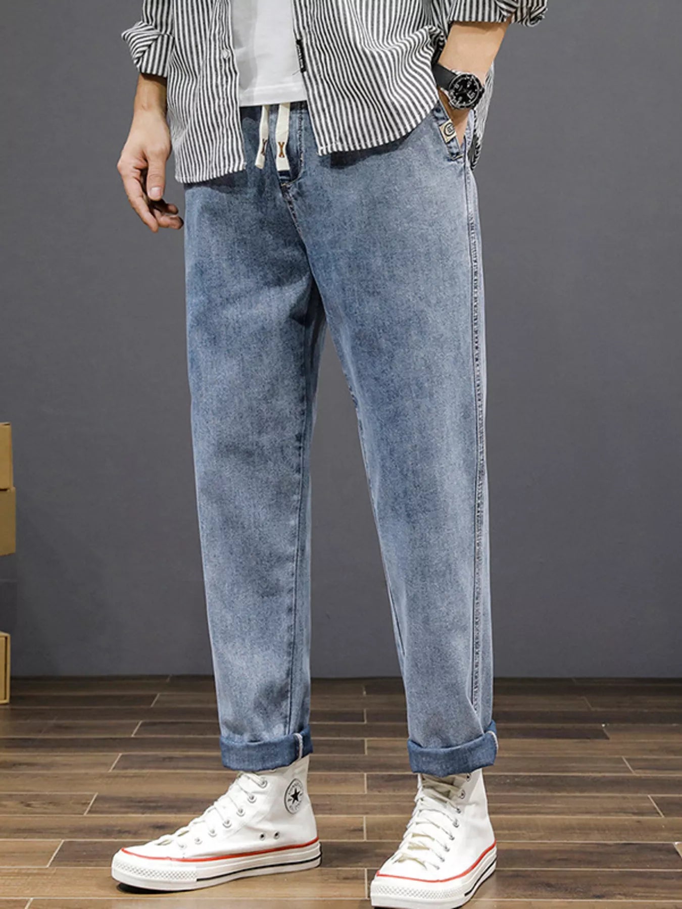 men's men's plus size casual loose fit wash jeans - front view