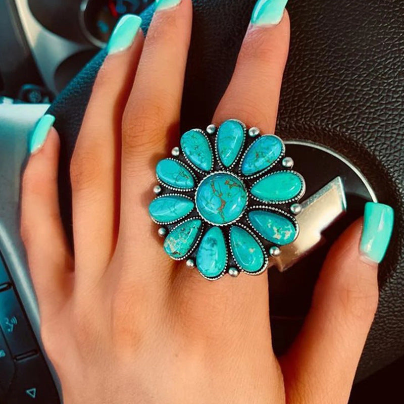 Artificial Turquoise Alloy Flower Ring Turquoise One Size