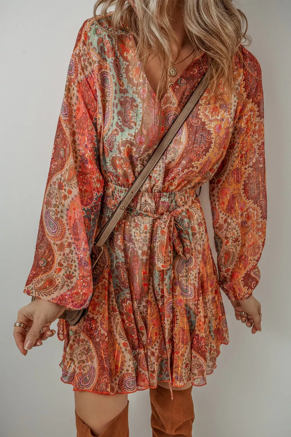 women's boho paisley print long sleeve mini dress - front view
