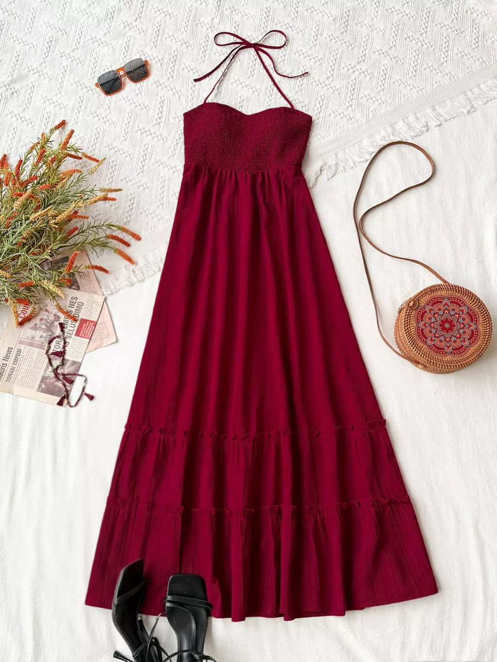 women's sweetheart neck halter neck tiered dress - front view