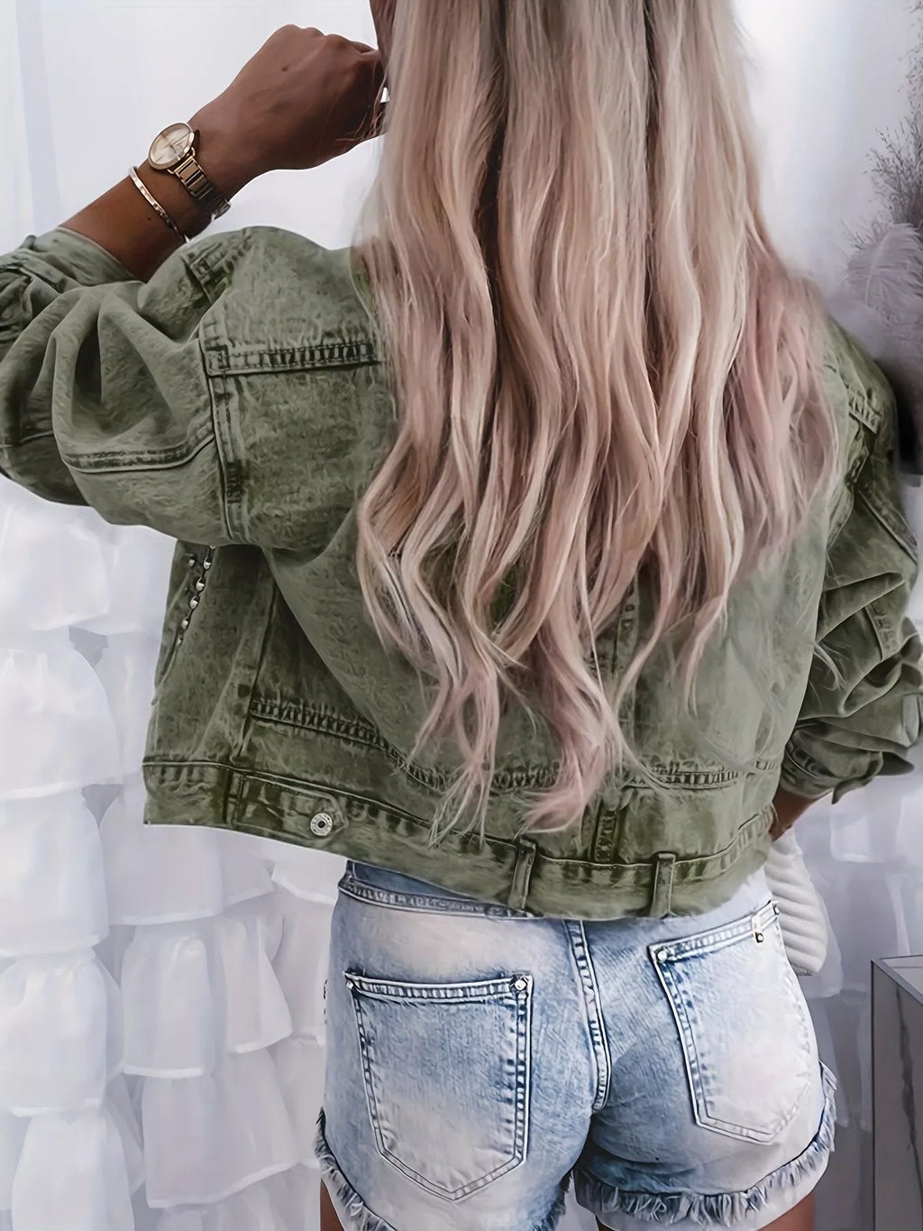 women's studded button up wash denim jacket - styling option