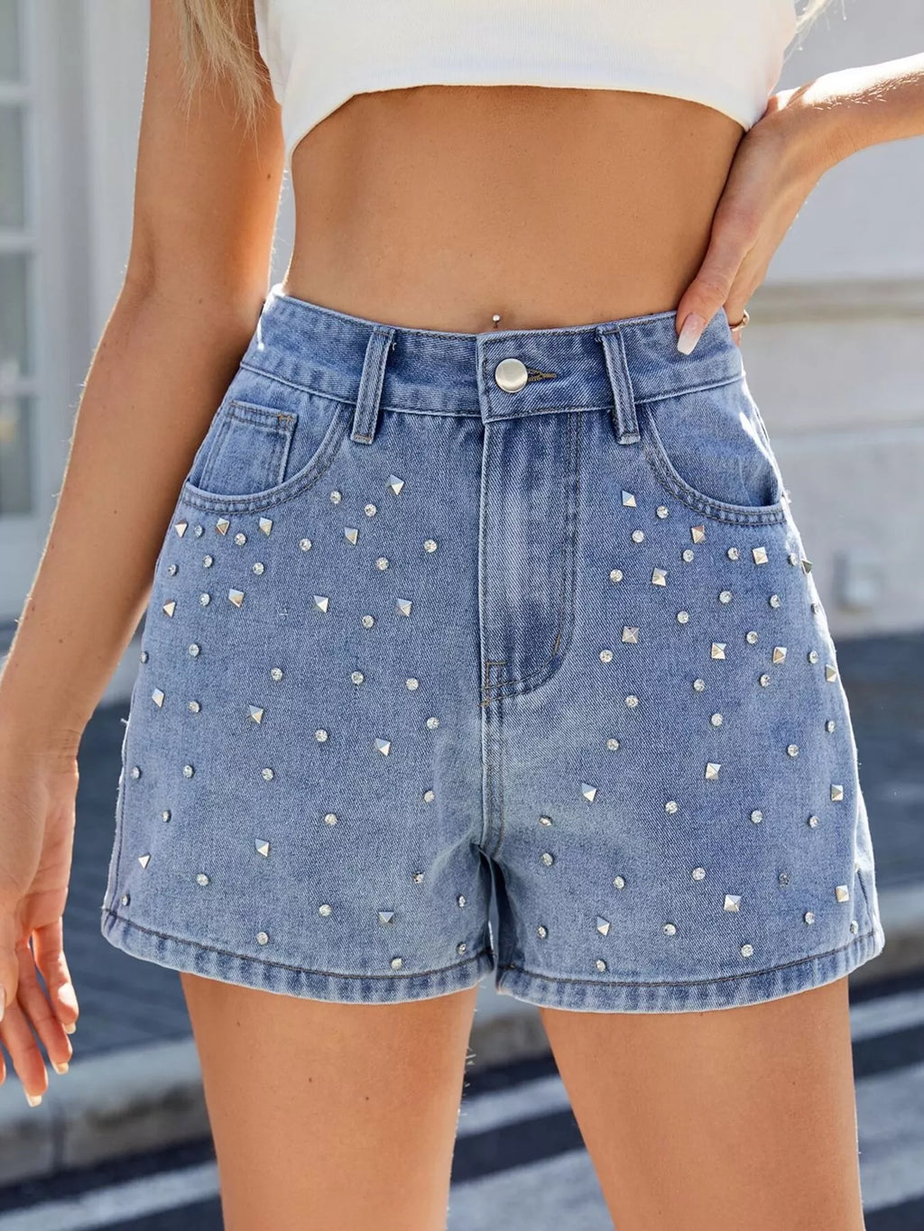 women's studded high waist denim shorts - main product image