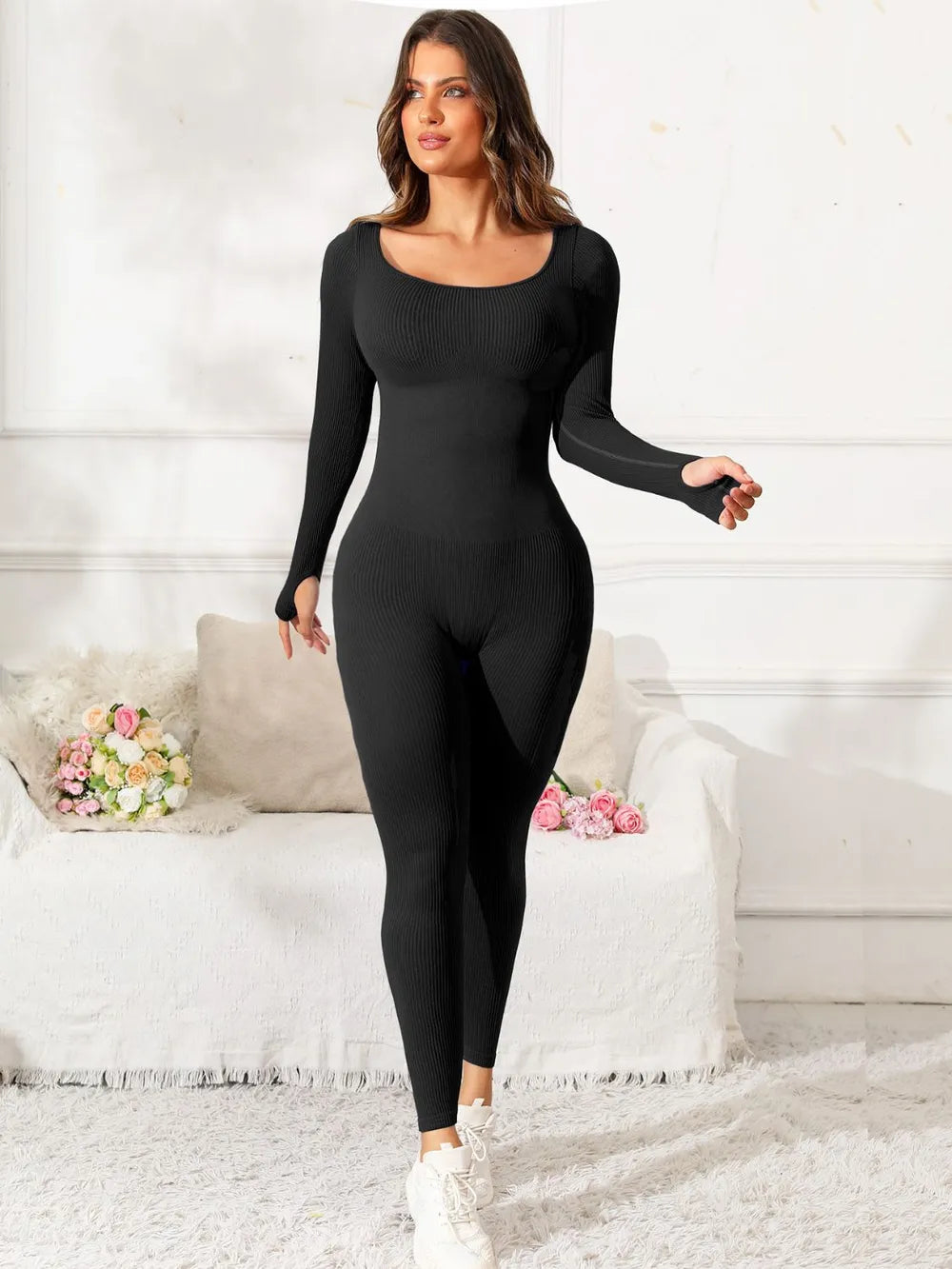 women's scoop neck long sleeve active jumpsuit - styling option