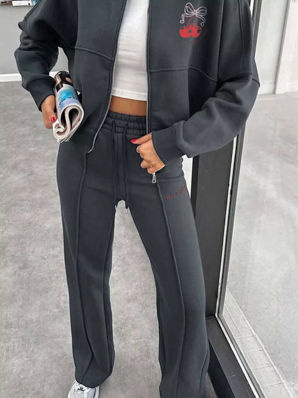 women's zip up dropped shoulder outerwear and pants set - additional image