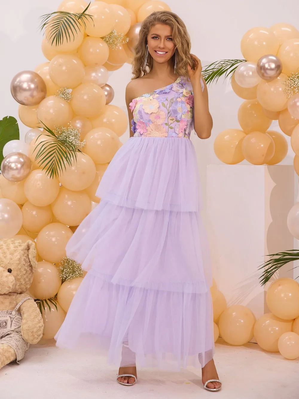 embroidered layered single shoulder dress shown as women’s dress