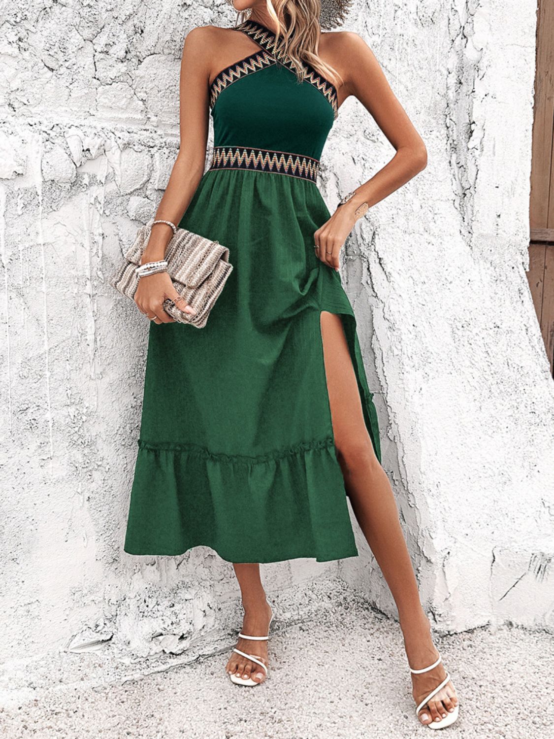 Devine Ruffled Slit Sleeveless Midi Dress