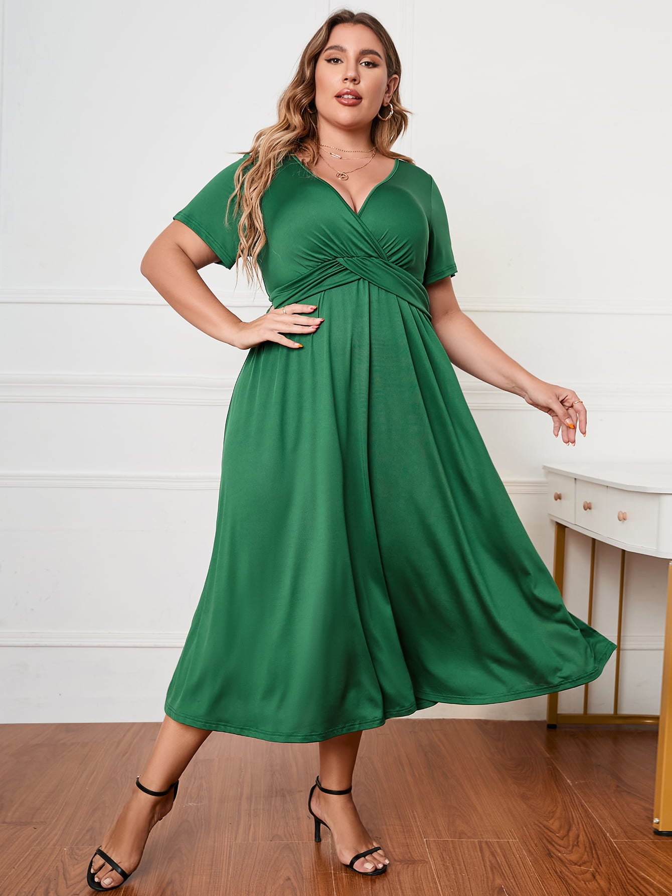 Honey Plus Size Short Sleeve Surplice Neck Midi Dress Dark Green