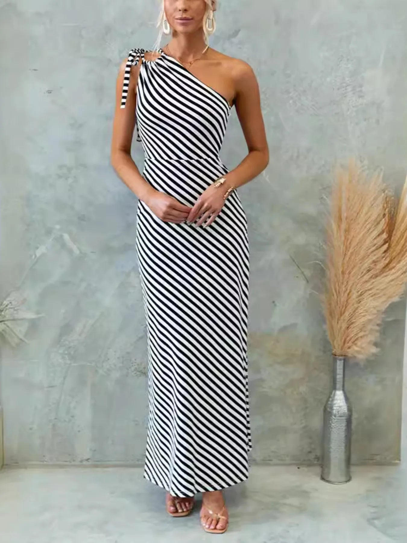 One Shoulder Striped Maxi Dress Black