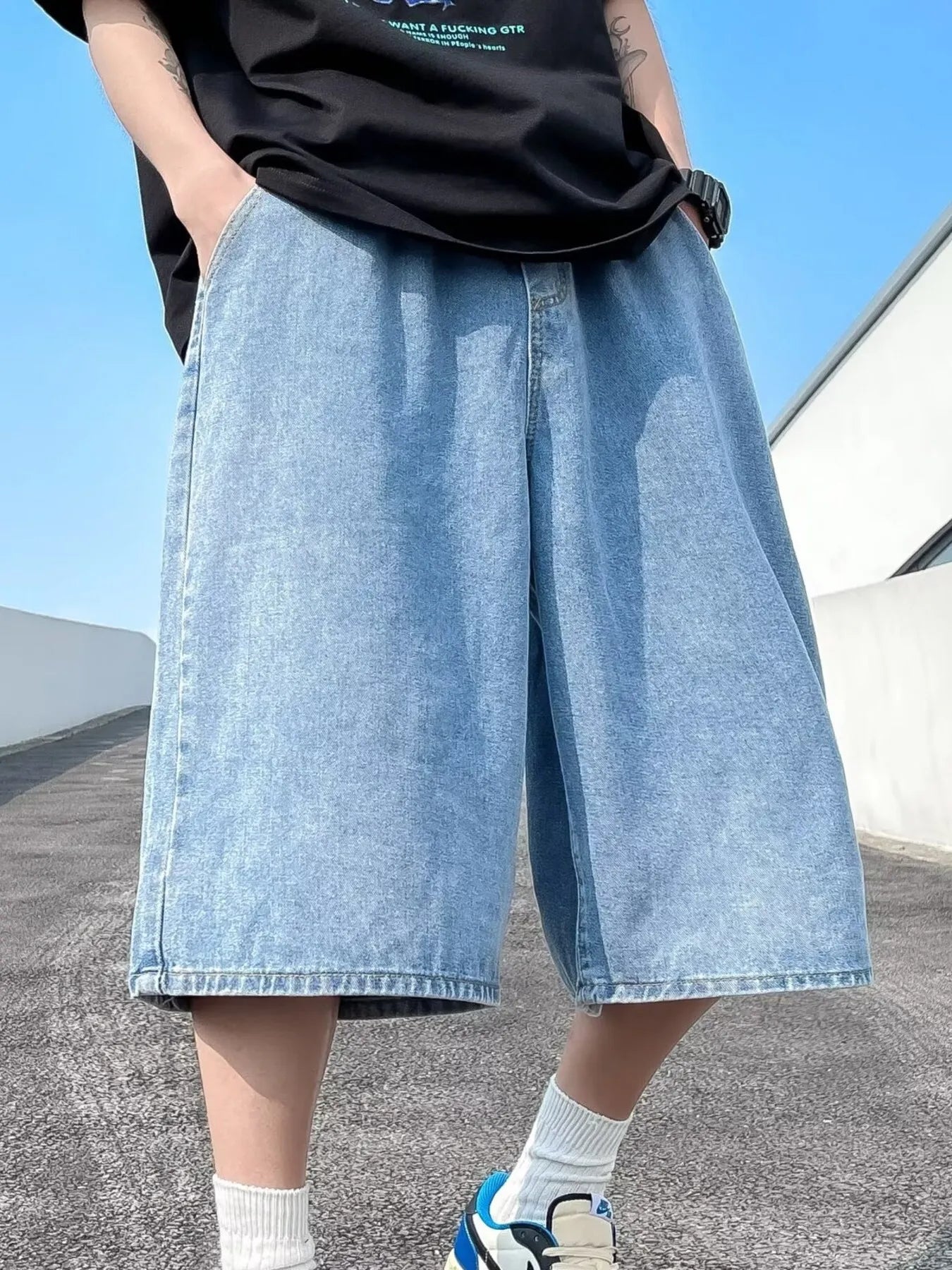 men's men's full size vintage wash wide-leg denim shorts plus size - styling option