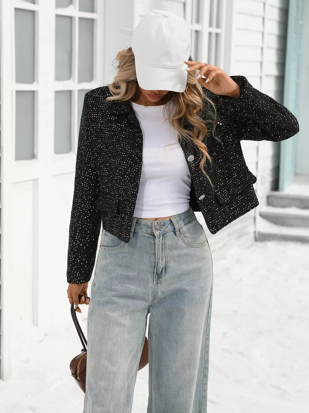 women's tweed button up cropped jacket - product detail