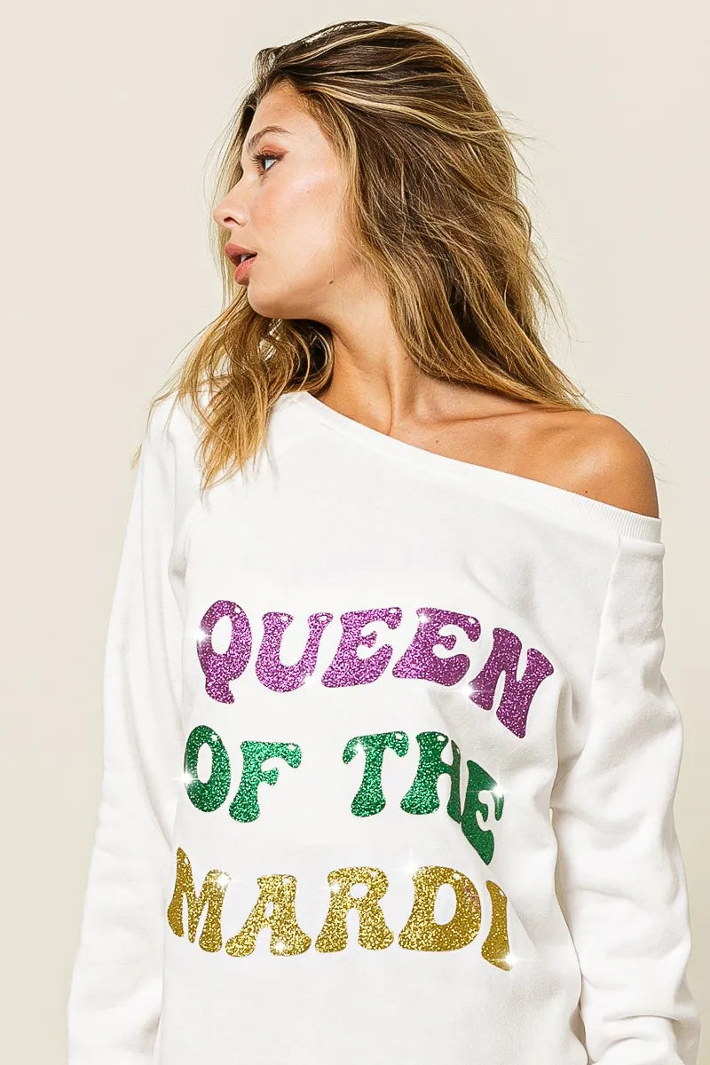 women's bibi queen of mardi glitter print mardi gras sweatshirt - extra view