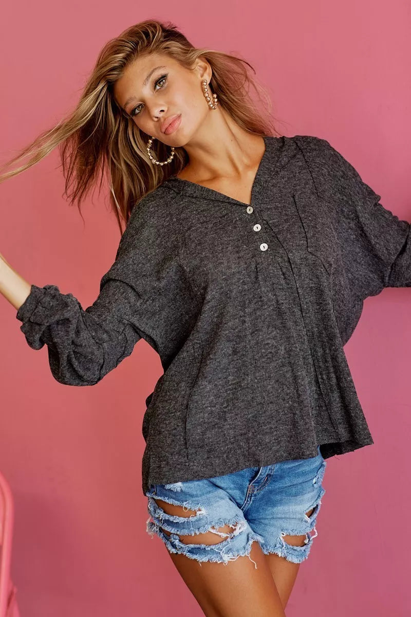 women's bibi textured knit hoodie with buttoned placket - additional image