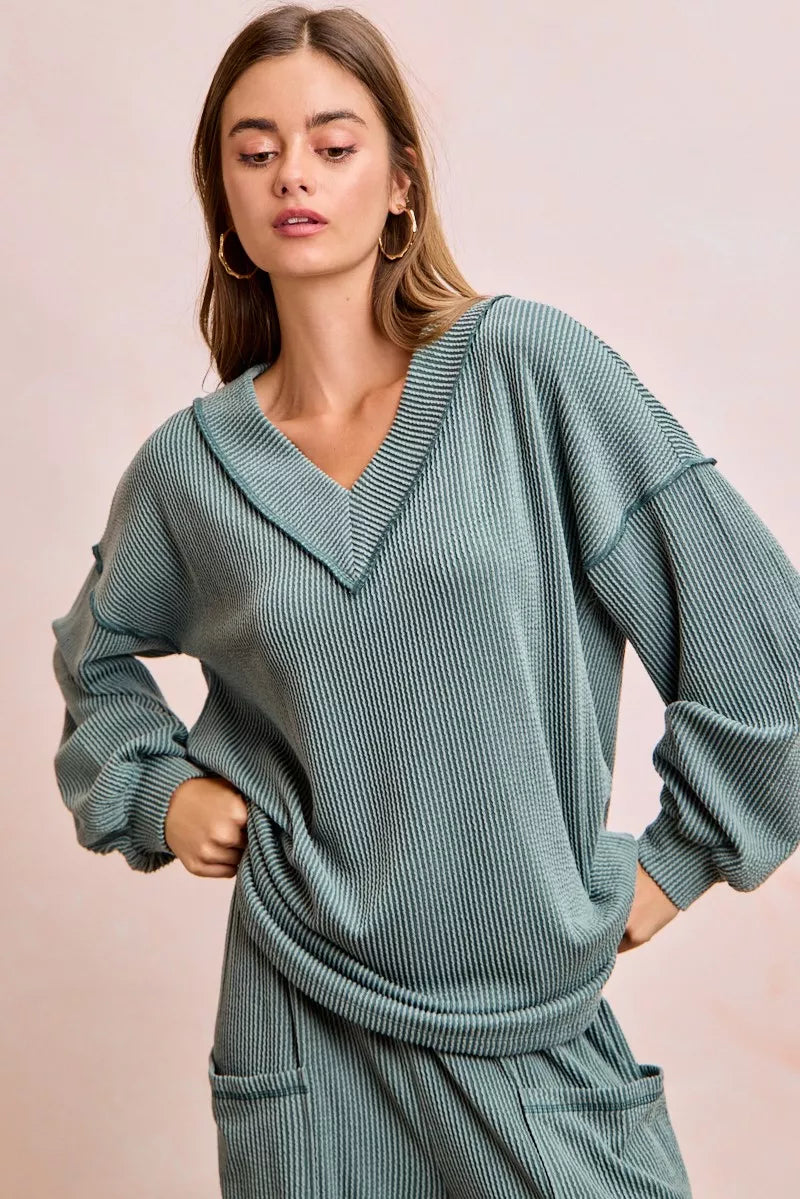 women's bibi two tone cord rib contrast stitching v-neck top and pants set - product detail
