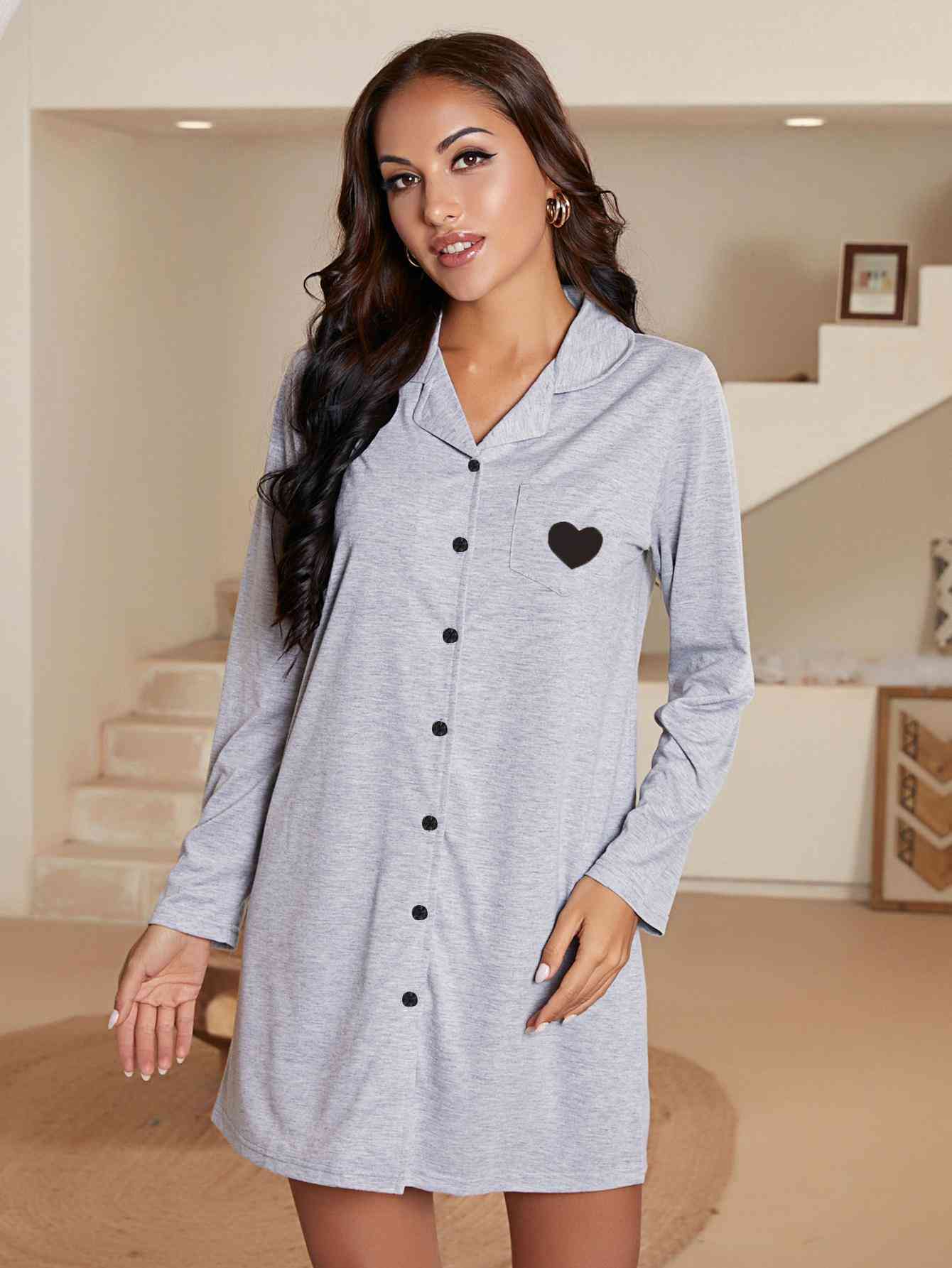 Heart Graphic Lapel Collar Long Sleeve Night Dress Grey