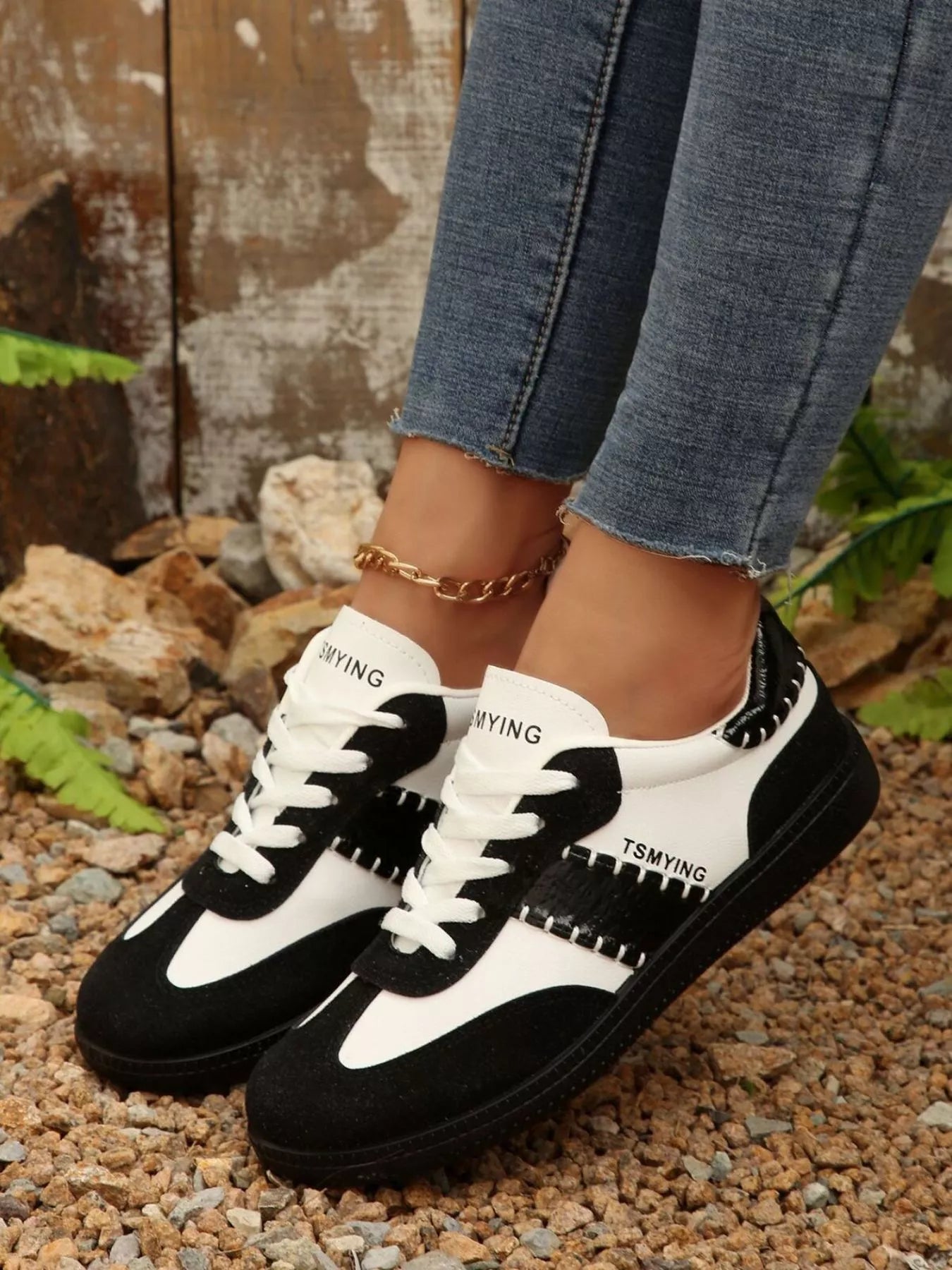 women's contrast lace up sneakers - styled view