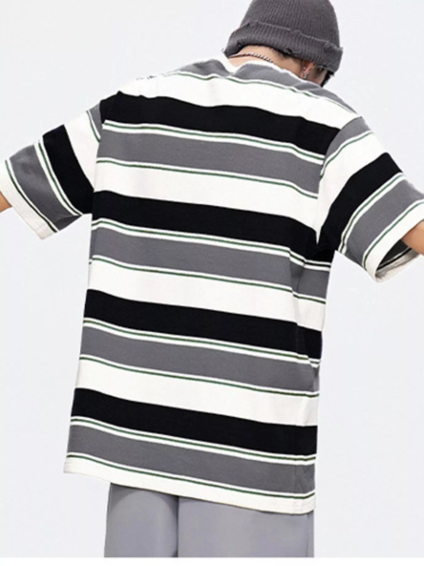 men's men's full size striped round neck oversized t-shirt plus size - back view